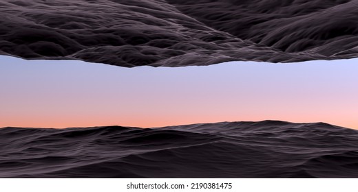 The Minimalistic Landscape Relief Of Mountains From Above And Below. Mountains Abstract Landscape Sunset.3D Render.