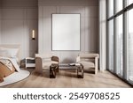 Minimalistic living room with a blank framed poster on the wall, two modern chairs, a glass table, and a large window. Neutral tones. 3D Rendering