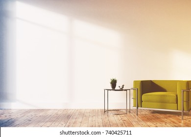 Minimalistic living room interior with white walls, a wooden floor, a soft green and silver armchair and a tiny coffee table. 3d rendering mock up toned image