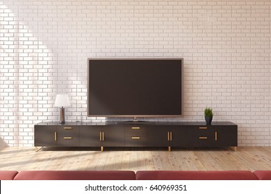 Minimalistic Living Room Interior With A Wooden Closet Standing Near A White Brick Wall And A Wide Screen TV Set On It. 3d Rendering, Mock Up