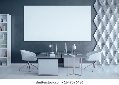 Minimalistic loft interior room with computer and blank poster wall. Workplace and lifestyle concept. 3D Rendering