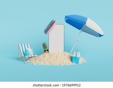 Minimalistic Mockup Of Mobile Phone On Beach Sand Mountain With Summer Vacation Accessories. 3d Render