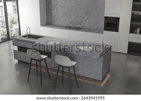 Minimalistic modern kitchen interior with table, double chairs and ceramic floor, white interior design, wooden furniture. 3d illustration. 3D Rendering