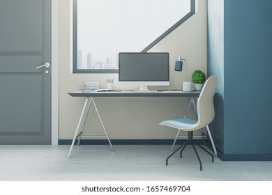 Minimalistic office with computer on table and big light windows with city view. Workplace and corporate concept. 3D Rendering