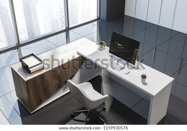 Minimalistic Office Interior Black Brick Walls Stock Illustration