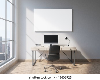 Minimalistic Office Interior With Blank Whiteboard, Wooden Floor, Concrete Wall, Window With New York City View And Workplace With Computer. Side View. Mock Up, 3D Rendering