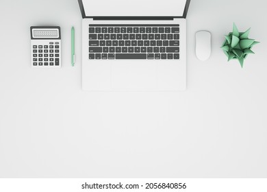 Minimalistic Office With Laptop With Blank Screen, Calculator, Computer Mouse, Green Plant And Pen On Table. Work From Home Concept. 3D Rendering. Top View.