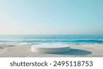 A minimalistic podium on a sandy beach, ideal for product displays, with a serene ocean and clear sky in the background. This setup is perfect for summer-themed promotions and advertisements.