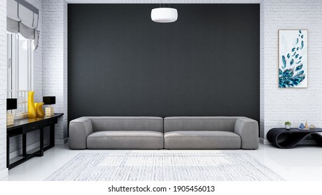 Minimalistic Room With Sofa Furniture Backdrop, Photorealistic 3D Illustration, Suitable For Video Conference And Zoom Background.	