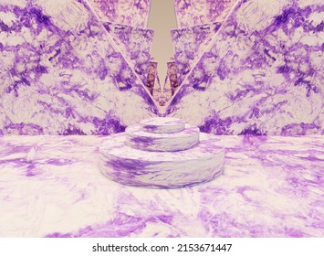 
Minimalistic Showcase With Empty Space. Empty Marble Podium For Display Product. 3D Rendering. White And Purple.
