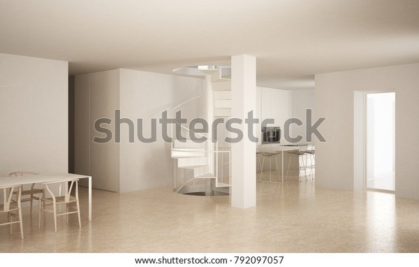 Minimalistic Stair Modern Empty Space Kitchen Interiors