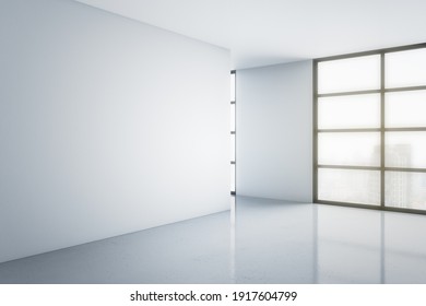 Minimalistic style part of light room with big windows with smoky city view, blank white wall and glossy floor. Mockup. 3D rendering.
