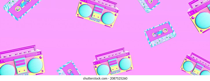 Minimalistic Stylized Collage 3d Render Pattern Art.  Retro Fashion Party 90s Vibes. Tape Recorder And Cassette