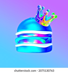 Minimalistic Stylized Collage Art. 3d Render Stylish Neon Burger And Crown. Fast Food Lover Concept