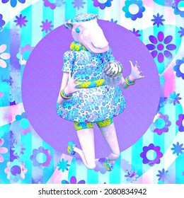 Minimalistic stylized collage art. 3d funny cute character Sheep and spring flowers candy vibes.
