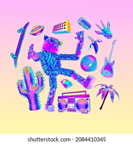 Minimalistic Stylized Collage Art. 3d Funny Fashion Characters Kitty Dancing. Back In 80s Candy Party. Dj, Music Concept