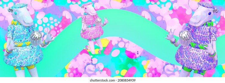 Minimalistic stylized collage banner art. 3d funny cute character Sheep and spring flowers candy vibes.