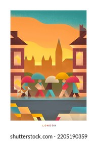 Minimalistic Travel Poster. Travel Around The UK. Roadtrip. Nature Of England. Trendy Colorful Style. London City. People Walking On The Street. Rainy Weather.
