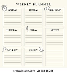 Minimalistic vector weekly planner with notes and line icons
