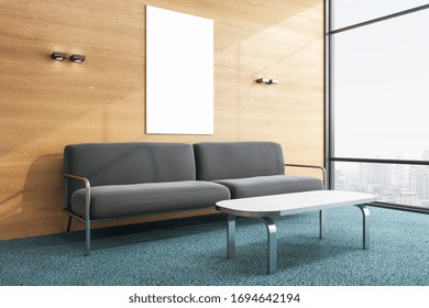 Minimalistic Waiting Room With Sofa And Blank Poster On Wooden Wall. Presentation Concept. 3D Rendering