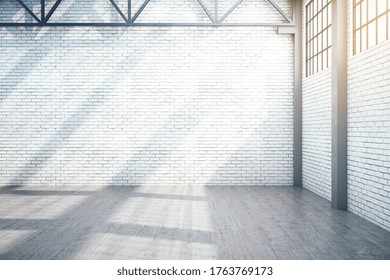 Minimalistic Warehouse Interior With Window And Blank Brick Wall. Industrial And Exhibition Concept. 3D Rendering