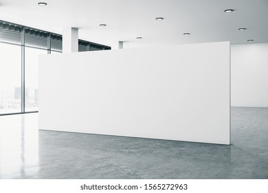 Minimalistic white gallery interior with empty billboard, city view and daylight. Concrete floor. Mock up, 3D Rendering 