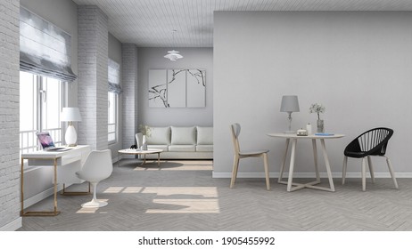 Minimalistic White Room Living Room Home Office Backdrop, Photorealistic 3D Illustration, Suitable For Video Conference And As Zoom Virtual Background.	
