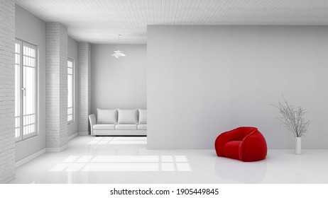 Minimalistic White Room With Modern Red Chair Backdrop, Photorealistic 3D Illustration, Suitable For Video Conference And Zoom Background.	
