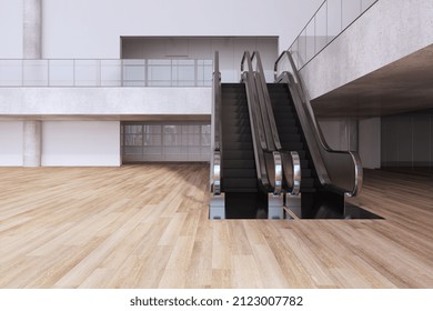 Minimalistic Wooden And Concrete Empty Shopping Mall Interior With Escalator. Large Public Interiors Concept. 3D Rendering