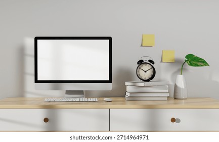Minimalistic workspace featuring a computer setup and a tidy environment. 3D render illustration