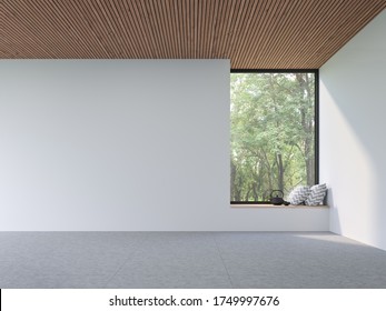 Mininal contemporary style empty room 3d render,There are white wall,concrete tile floor and wooden plank ceiling ,There are large window with wood seat look out to see nature view.