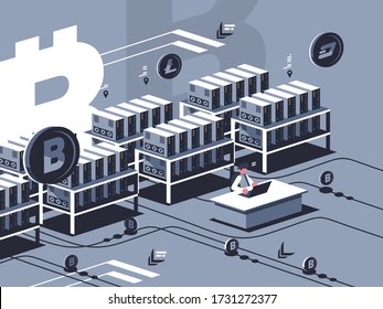 Mining Crypto Currency. Farm For Mining Bitcoins. Flat Illustration