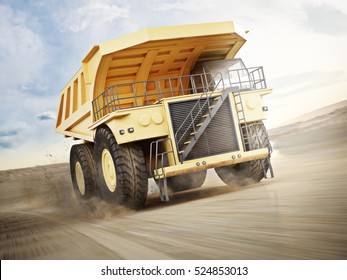 Mining Truck Transporting Materials Down A Dirt Road . 3d Rendering With Motion Blur.