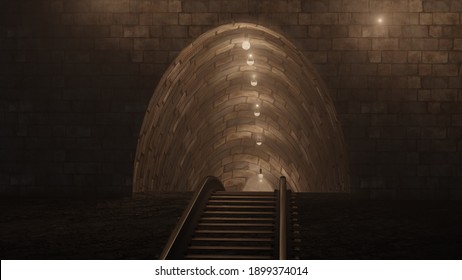 Mining tunnel with lights and rails 3d illustration