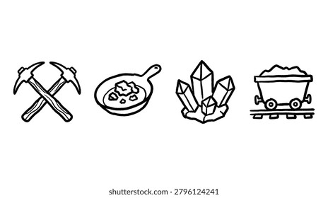 Mining and work tool outline set featuring crossed hammers, pan, crystals and small minecart. Suitable for geology themes, mining industry graphics, mineral education, resource extraction, industrial icons and rugged adventure design elements.