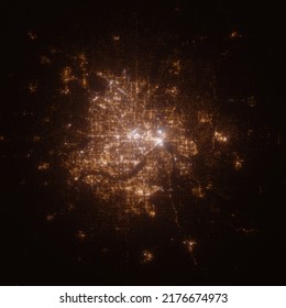 Minneapolis (Minnesota, USA) Street Lights Map. Satellite View On Modern City At Night. Imitation Of Aerial View On Roads Network. 3d Render, High Resolution