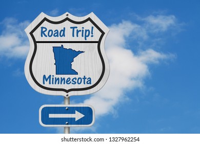 Minnesota Road Trip Highway Sign, Minnesota Map And Text Road Trip On A Highway Sign With Sky Background 3D Illustration