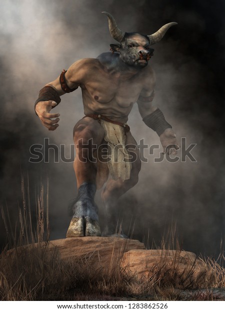 The Minotaur, half man half bull, stands on a\
rock in an aggressive stance, a monster of ancient Greek myth,\
emerges from the mists of legend and glares at you with a menacing\
look. 3D Rendering