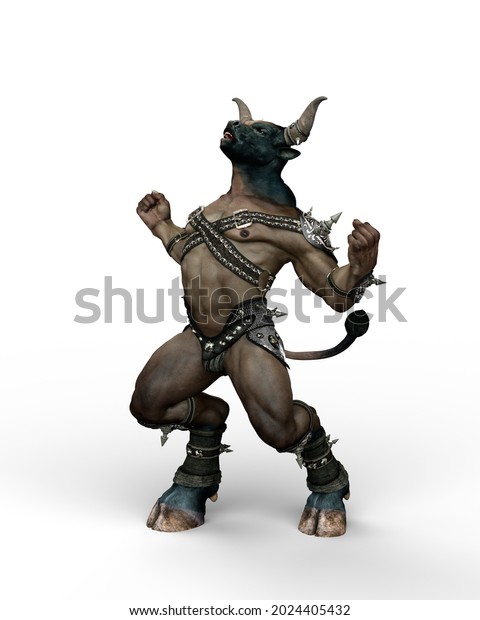 A Minotaur, the mythical creature from\
Greek mythology, roaring at the sky. 3D illustration isolated on a\
white background.\
