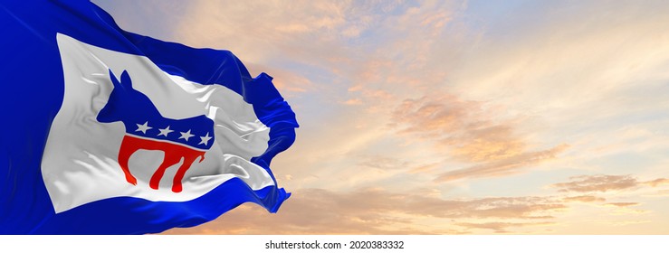 Minsk, Belarus - May, 2021: American Democratic Party, USA Flag Waving At Sky Background On Sunset, Panoramic View. Copy Space For Wide Banner. 3d Illustration.