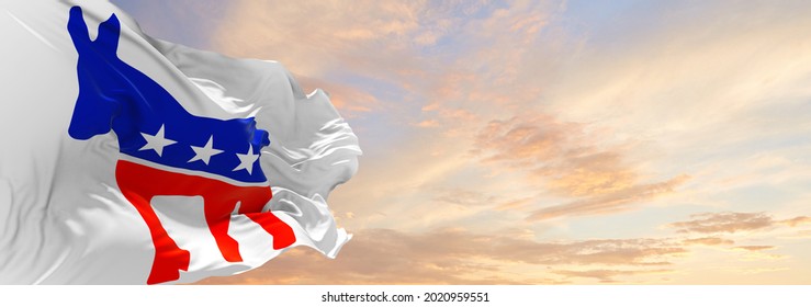 Minsk, Belarus - May, 2021: American Democratic Party, USA Flag Waving At Sky Background On Sunset, Panoramic View. Copy Space For Wide Banner. 3d Illustration.