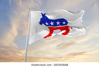 Minsk, Belarus - May, 2021: American Democratic Party, USA Flag Waving At Sky Background On Sunset, Panoramic View. Copy Space For Wide Banner. 3d Illustration.,