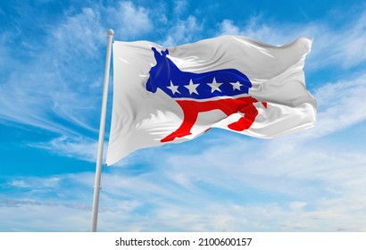 Minsk, Belarus - May, 2021: American Democratic Party, USA Flag Waving At Sky Background On Sunset, Panoramic View. Copy Space For Wide Banner. 3d Illustration.