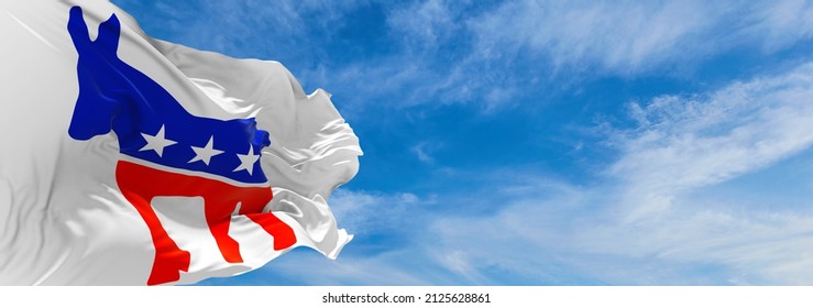 Minsk, Belarus - May, 2021: American Democratic Party, USA Flag Waving At Sky Background On Sunset, Panoramic View. Copy Space For Wide Banner. 3d Illustration.