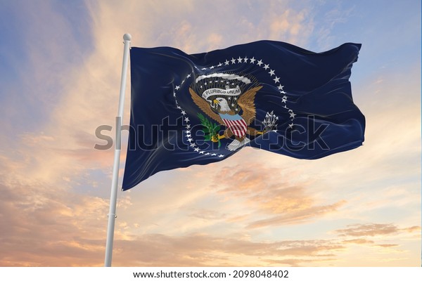 Minsk, Belarus - May, 2021: flag of\
President of the United States waving in the wind. USA Departments.\
Copy space. 3d\
illustration,