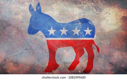 Minsk, Belarus - May, 2021: Top View Of Retro American Democratic Party, USA Flag With Grunge Texture, No Flagpole. Plane Design, Layout. Flag Background.