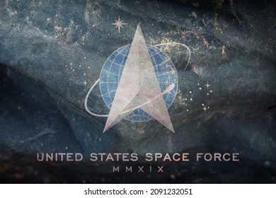 Minsk, Belarus - May, 2021: Top View Of Flag Of United States Space Force, No Flagpole. Plane Design, Layout. Flag Background.