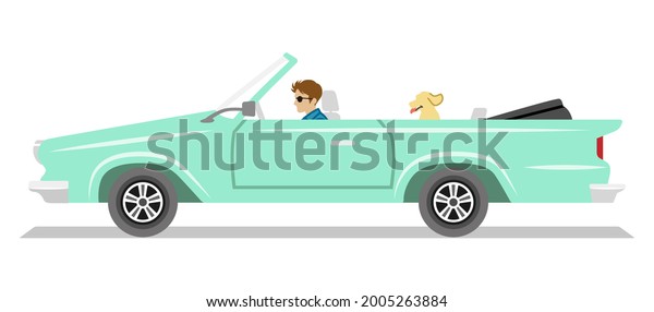 Mint blue color long convertible car ,side view -\
Young man and dog\
seated