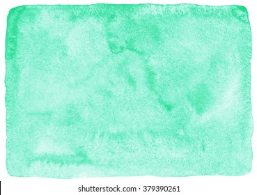 Mint green watercolor background. Painted template. Watercolour texture with stains. Rough, uneven edges.
