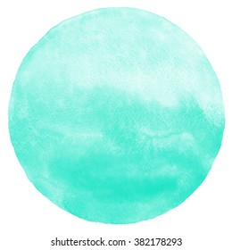 Mint green watercolor circle isolated on white. Abstract round background. Watercolour stains texture.